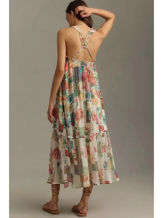 NEW Anthropologie Chiffon Shift Midi Dress Floral Sleeveless Beach Size XXSmall - Picture 12 of 12